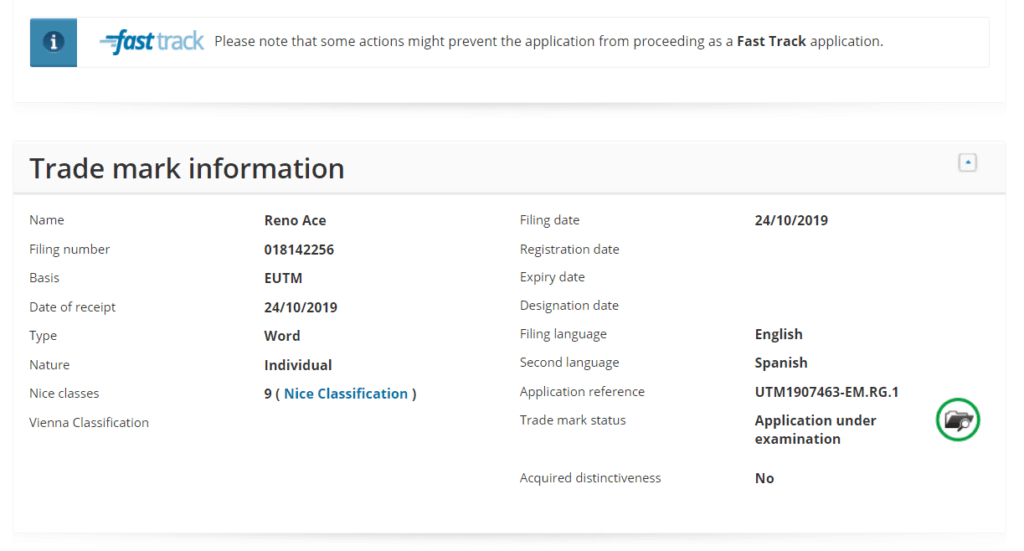 OPPO Reno Ace UK and EU trademark application